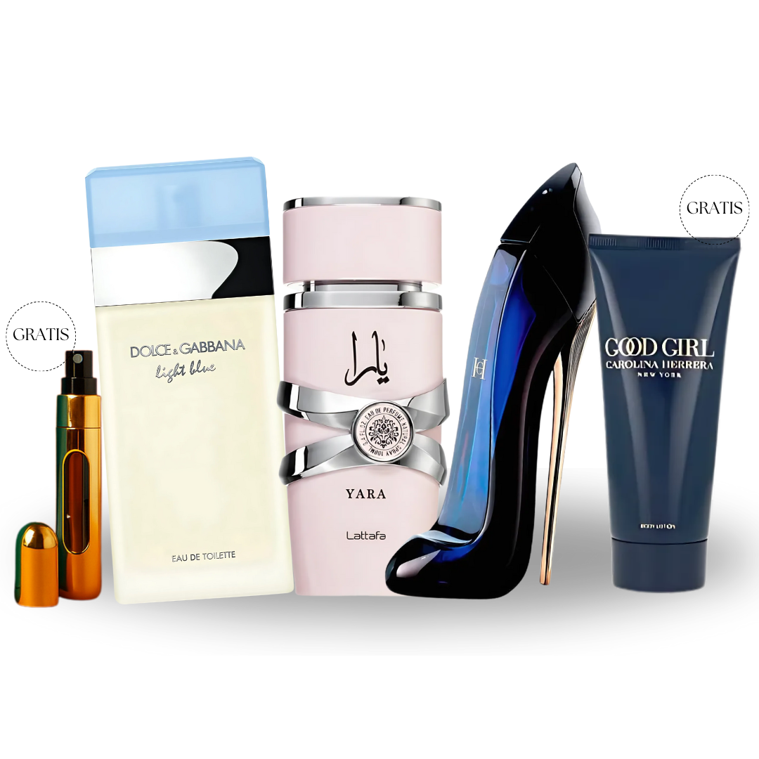 YARA LATTAFA 100ml + D&G LIGTH BLUE 100ml + GOOD GIRL CH 100ml + OBSEQUIOS