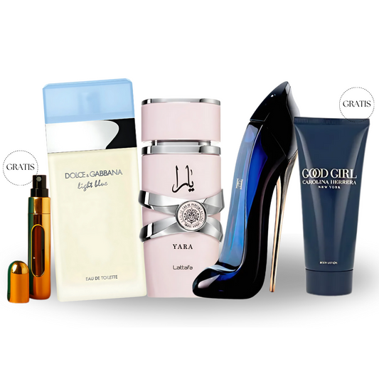 YARA LATTAFA 100ml + D&G LIGTH BLUE 100ml + GOOD GIRL CH 100ml + OBSEQUIOS